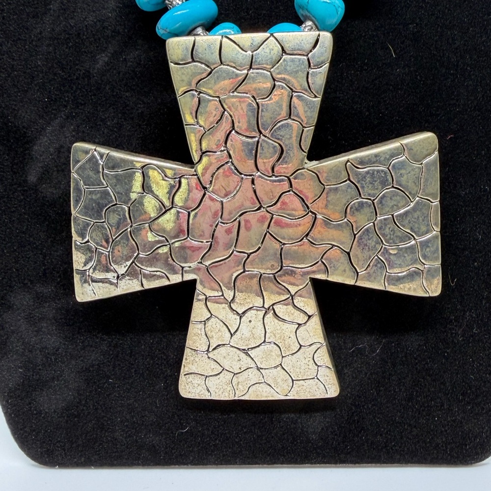 Turquoise and Red Beaded Necklace with Cross Pendant - Picture 2 of 3
